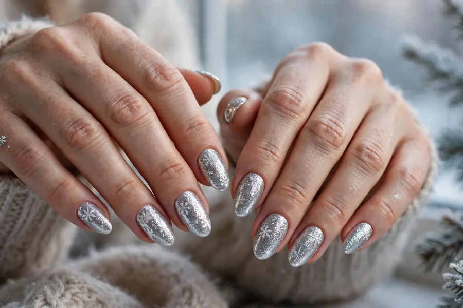 Classic silver snowfall glitter nails on real hands in soft winter light