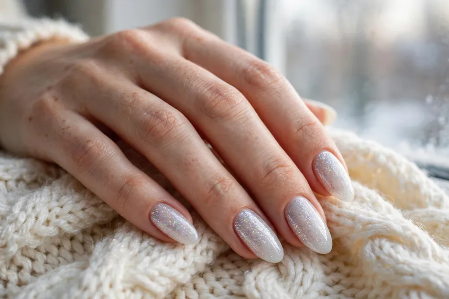 Snowy white sparkle december nail ideas on almond nails with fine holographic glitter
