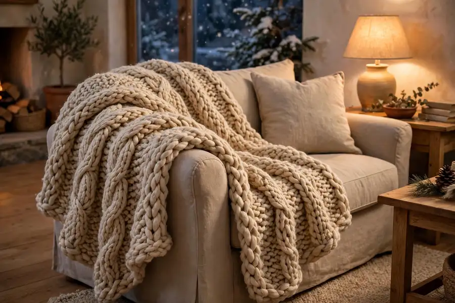 chunky knit throw draped over the arm of a cozy living room sofa