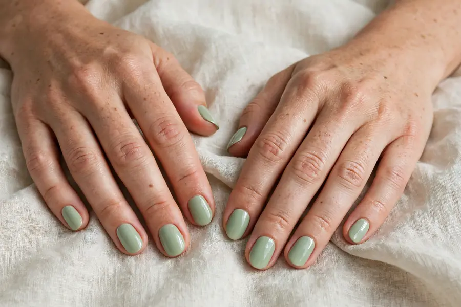 Soft sage green creme nails on real hands