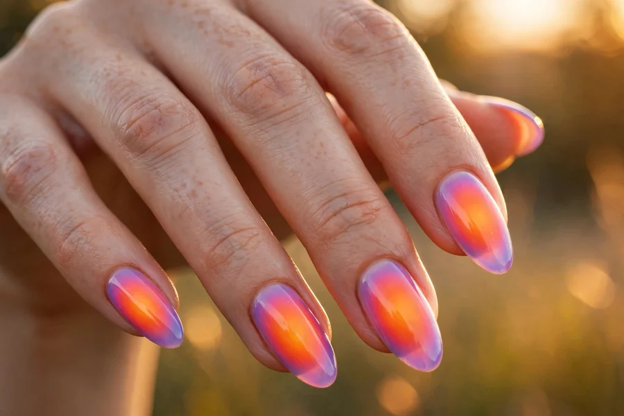 Sunset aura nails with fiery orange, pink and violet airbrushed gradients on almond-shaped nails
