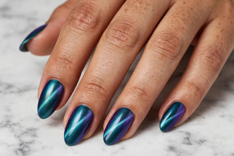 Almond-shaped nails with teal-to-violet two tone cat eye nail polish, glowing magnetic shimmer band
