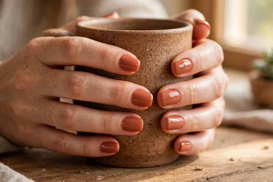 Warm terracotta creme earthy nails on real hands