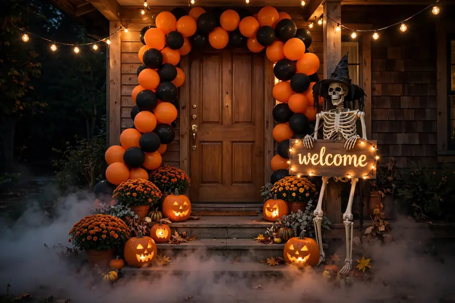 Spooky Halloween party entryway with balloon garland, jack-o-lanterns and skeleton greeter at night