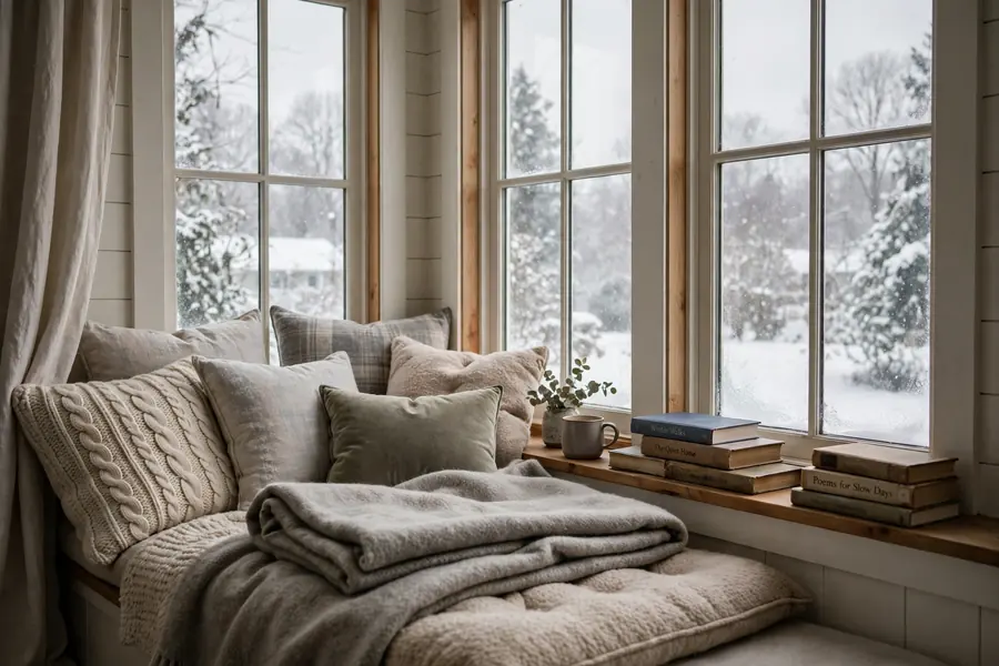Cozy winter reading nook window seat piled with cushions and a blanket beside a snowy window