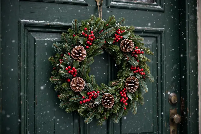 Photorealistic photograph of a classic evergreen wreath with pinecones and red berries hanging on a winter front door