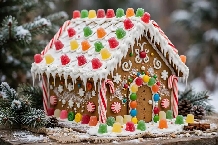 Photorealistic photograph of a classic gingerbread house covered in colorful candies, gumdrops and white icing snow