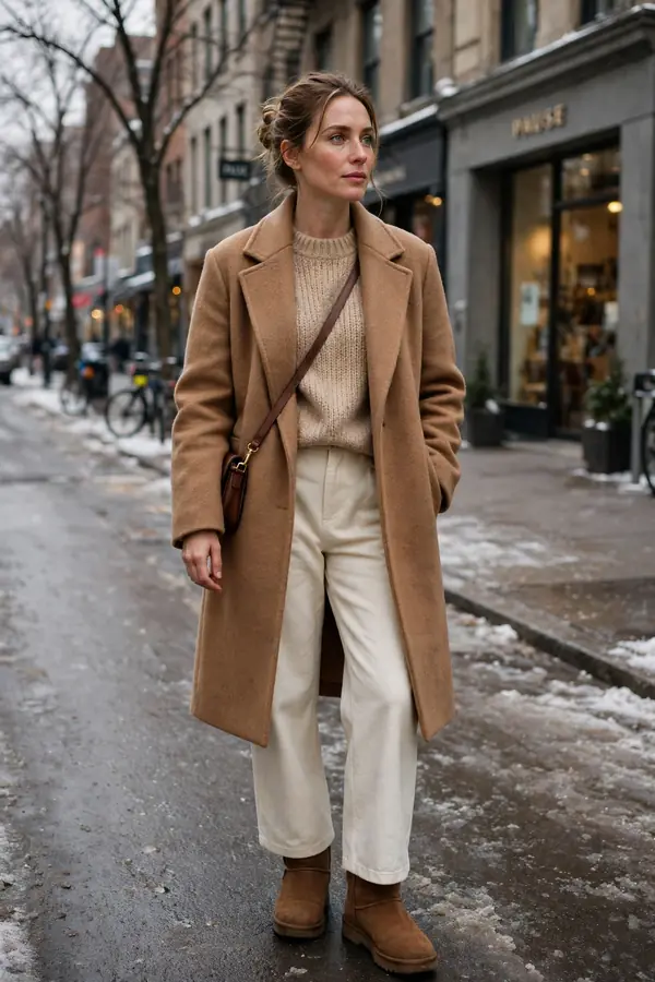 Woman in a camel wool coat over beige knit and cream trousers on a winter street