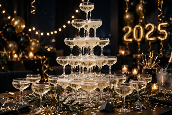 Champagne coupe tower with sparkling glasses at a New Year's Eve party