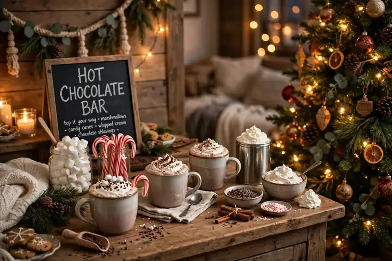Hot chocolate bar with mugs, marshmallows, candy canes and whipped cream beside a Christmas tree