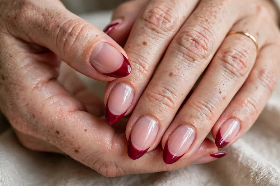 Cranberry French tip nails on almond shaped nails
