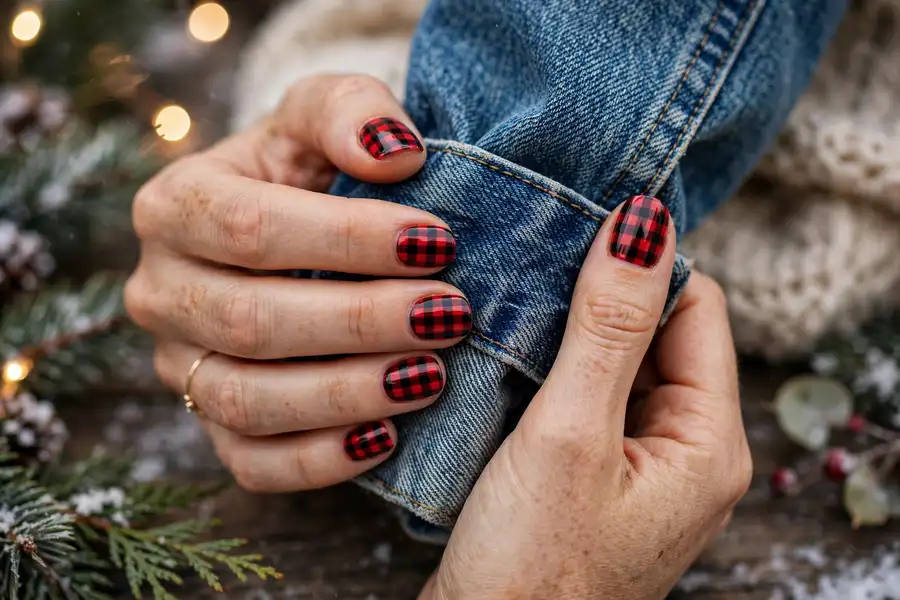 Buffalo check plaid nails in cherry red