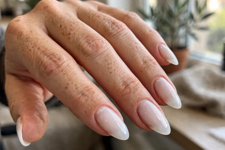 Milky white almond nails with glossy finish