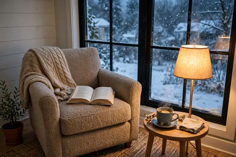 Cozy armchair turned toward a winter window with a book and warm lamp light