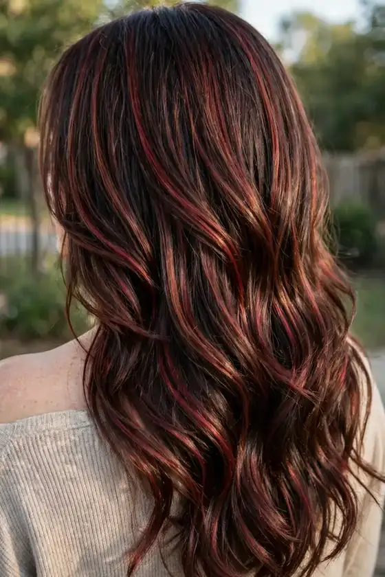 Cherry cola brunette balayage with hand-painted dimension on dark brown hair