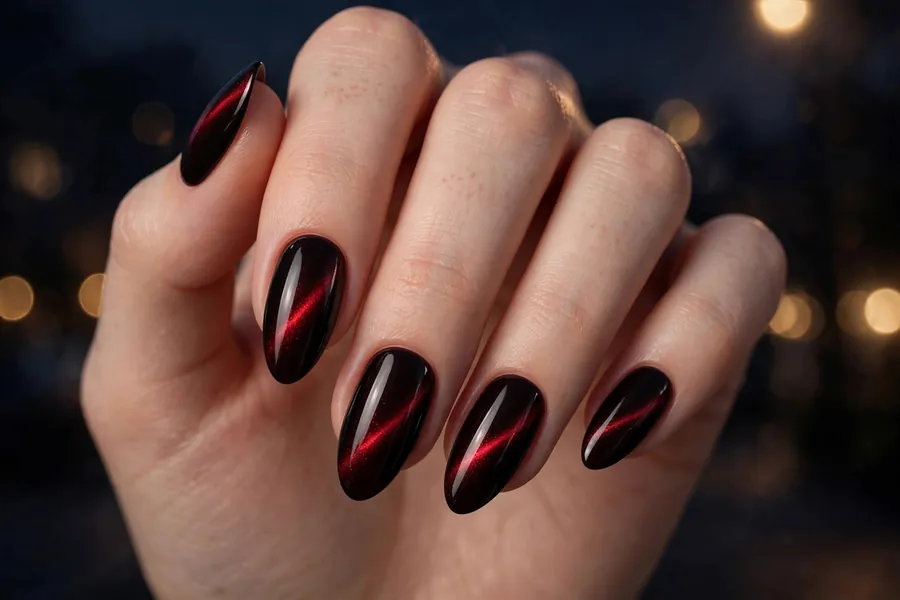 Black cherry dark red cat eye nails flashing red in the light