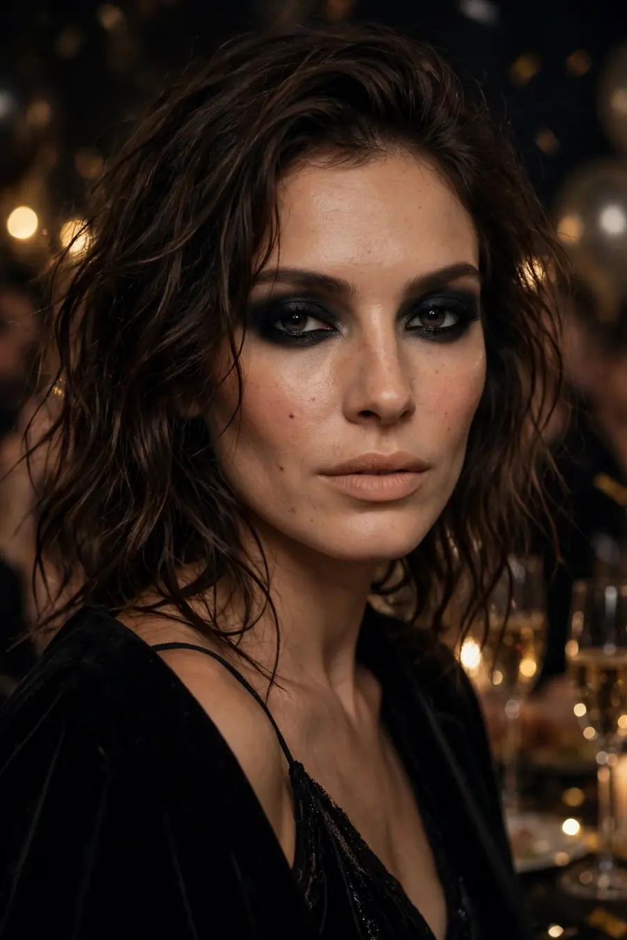Woman with a midnight black smoky eye and nude lips at a New Year's Eve party
