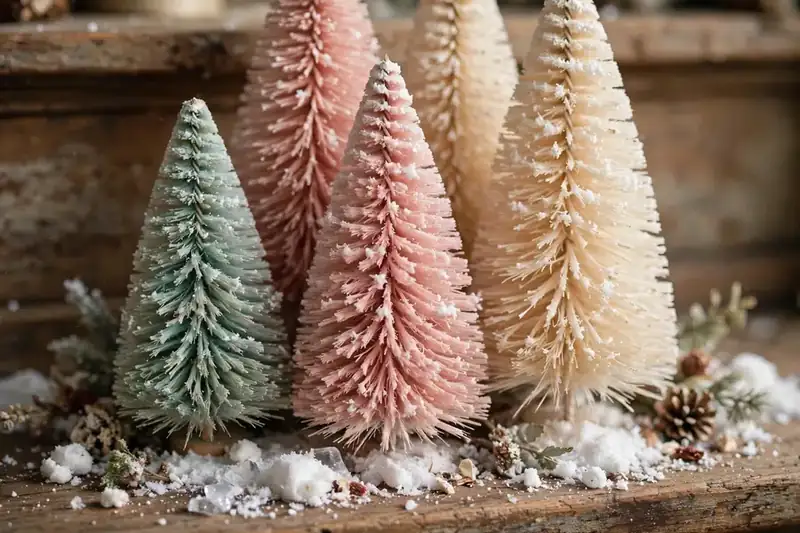 Vintage bottle brush Christmas trees in mint and blush on a mantel with fake snow