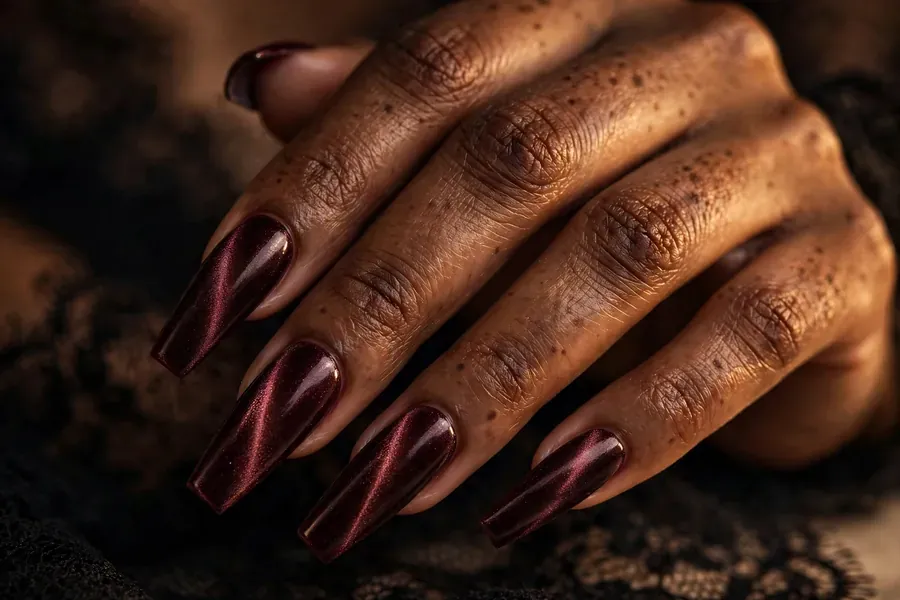 Burgundy velvet nails in a dark wine shade on real hands