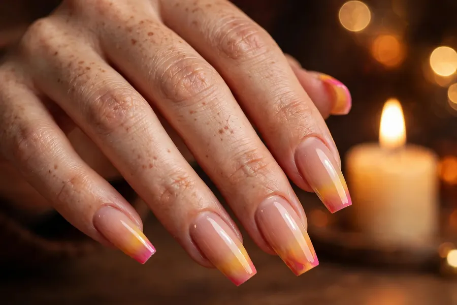 Nude birthday nails with candle-flame gradient tips