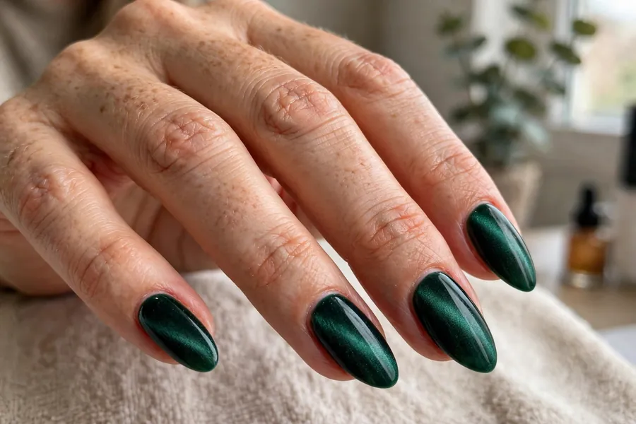 Emerald green velvet cat-eye nails