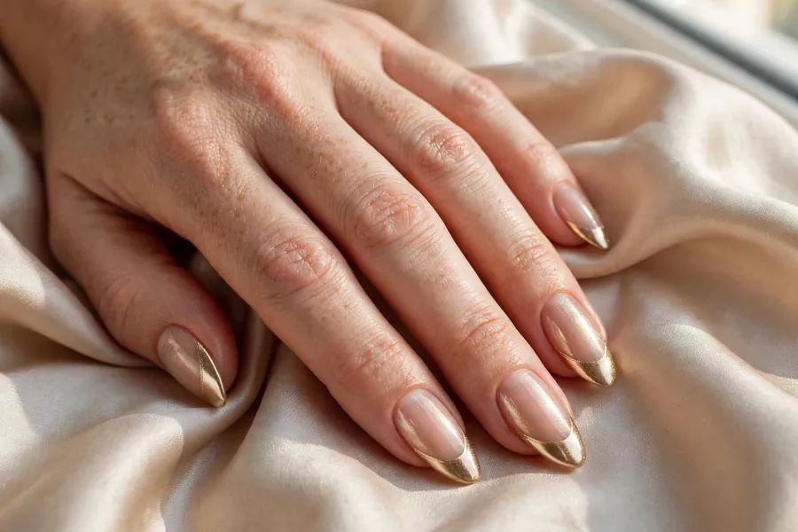 Hand with champagne gold chrome French tip nails on a nude base