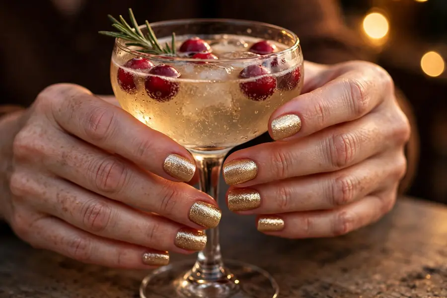 Champagne gold glitter nails on real hands holding a festive drink