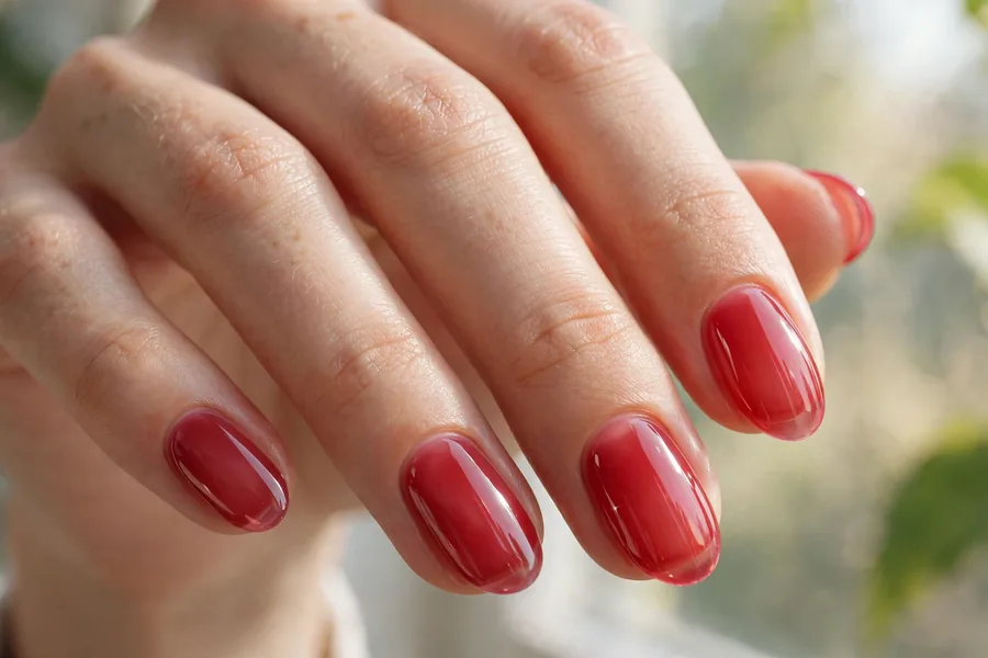 Real hand with sheer cherry red lip gloss nails, juicy translucent shine