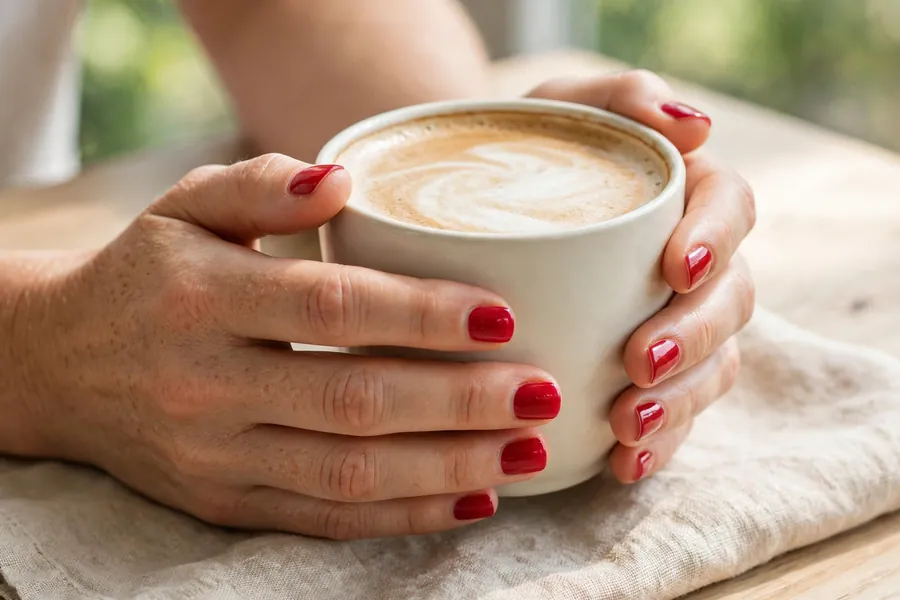 Cherry red short square nails on real hands holding a coffee cup