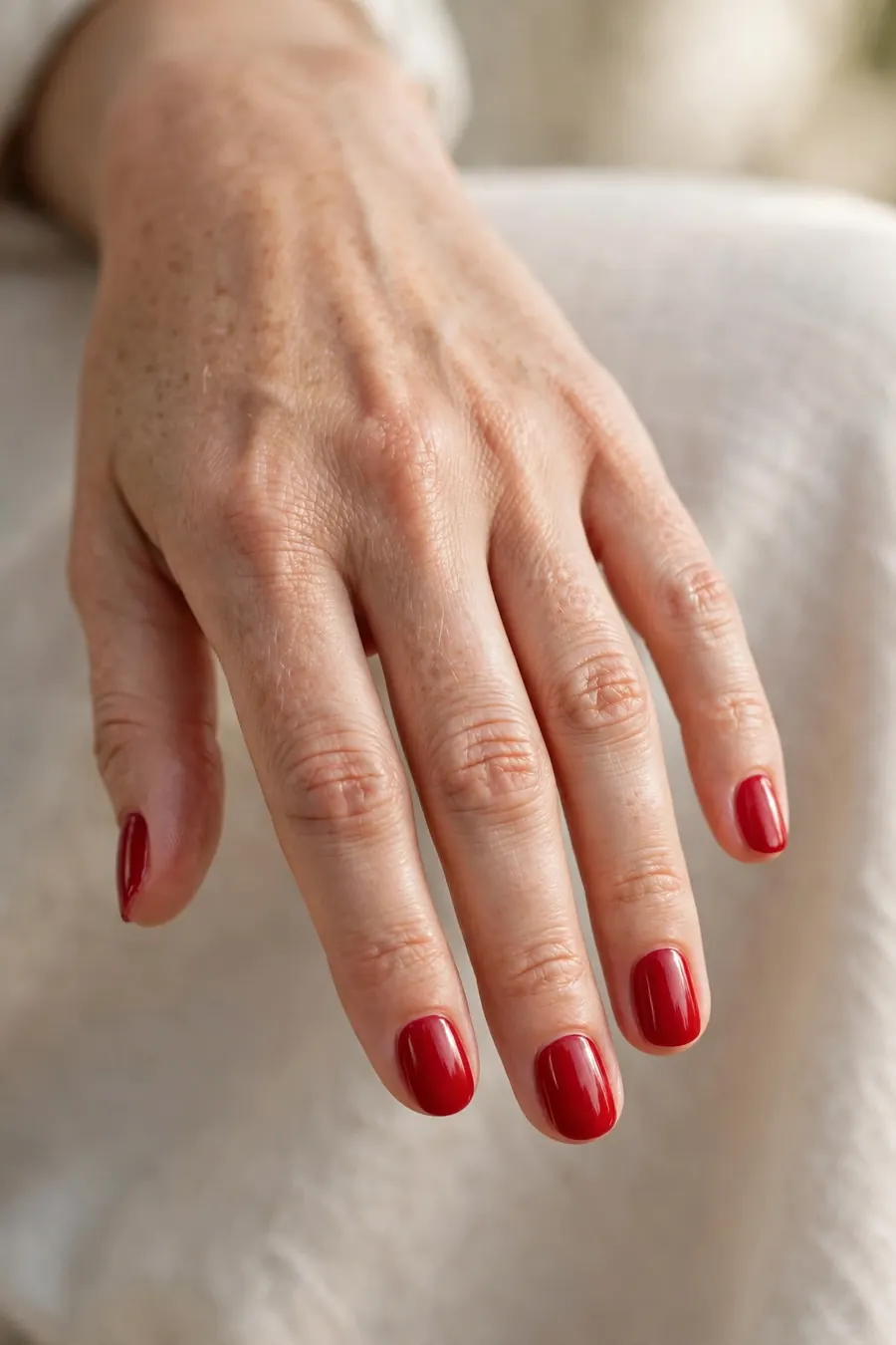 Classic red short nail designs on real hands