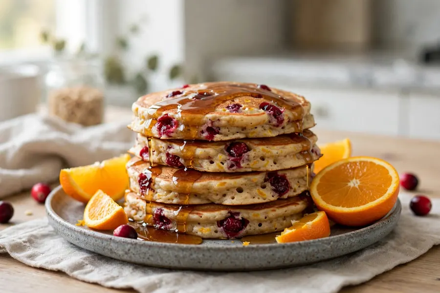 Stack of cranberry orange pancakes with maple syrup and orange slices