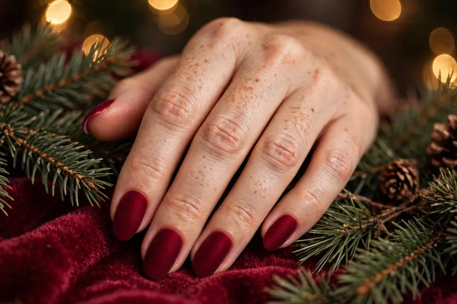 Cranberry velvet december nail ideas with a plush matte finish on medium almond nails