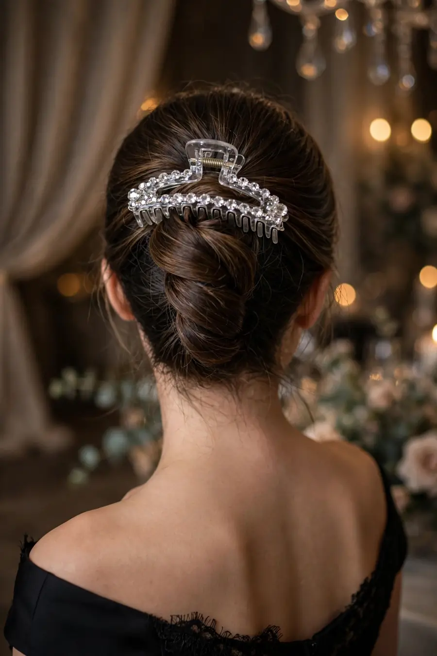 crystal bedazzled claw clip holding a French twist updo