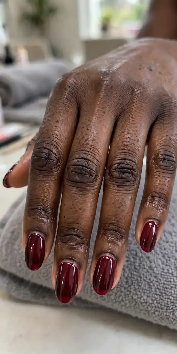 Deep syrupy raspberry jelly nails on oval nails with high-shine top coat