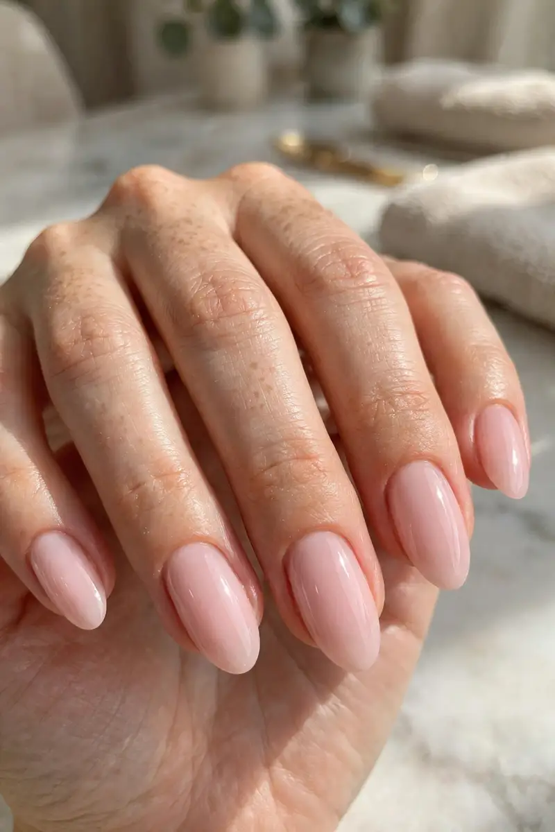 Double coat milky pink bubble bath nails on real hands