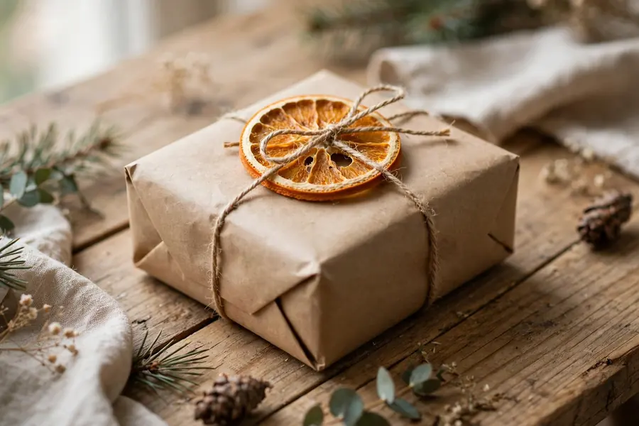 A Christmas gift wrapped in brown paper decorated with a dried orange slice and twine