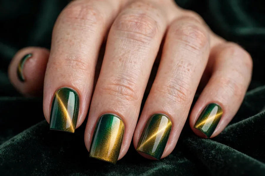 Square nails with emerald-to-gold two tone cat eye nail polish on a real hand