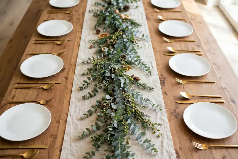 Eucalyptus garland runner down the center of a thanksgiving table