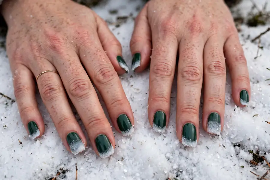 Frosted white-tipped evergreen nails on real hands in snow