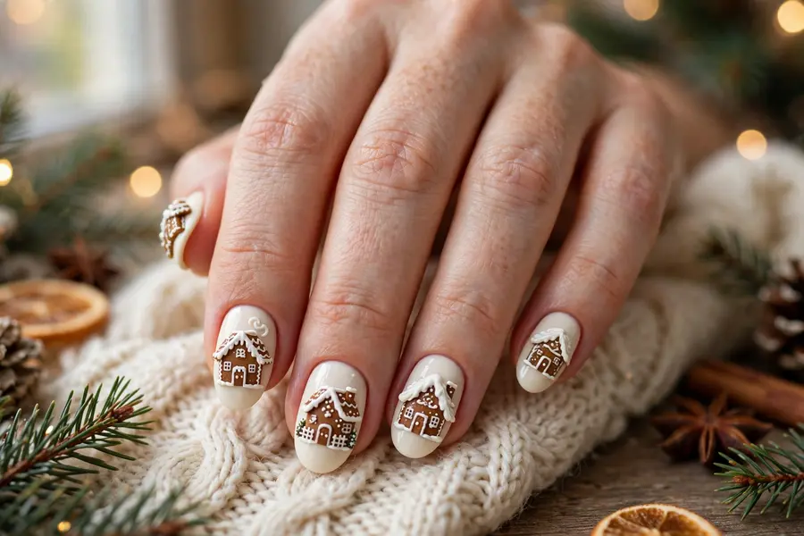 Gingerbread house scene nails with tiny houses and icing details on real hands