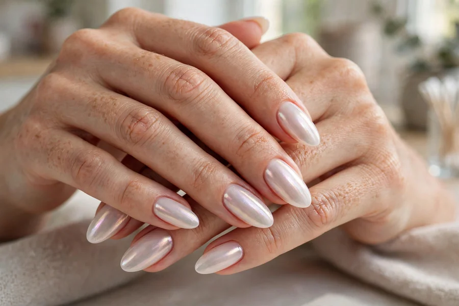 Glazed donut finish milky white chrome nails in an almond shape