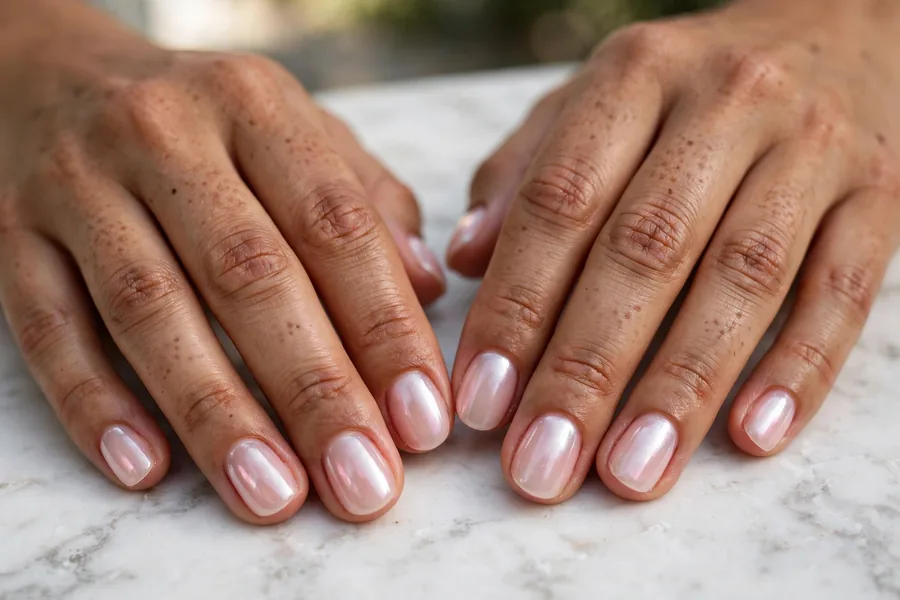 Glazed jelly donut pink chrome nails, short oval shape with milky shine