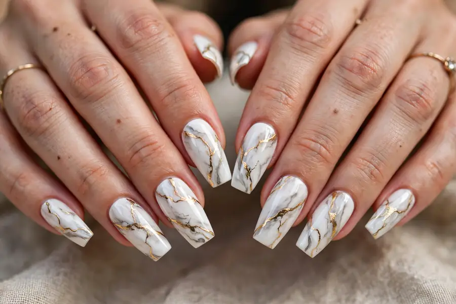 White marble nails with gold veining on coffin nails