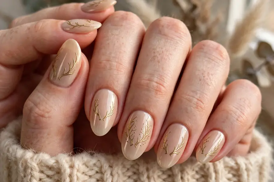 Reindeer nails with delicate golden antler tips on real hands against a festive background