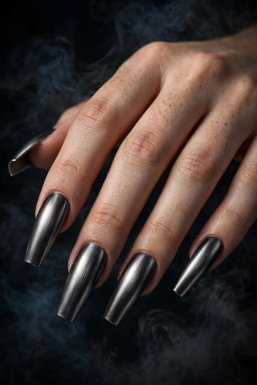 Gunmetal gothic chrome nails on long coffin nails