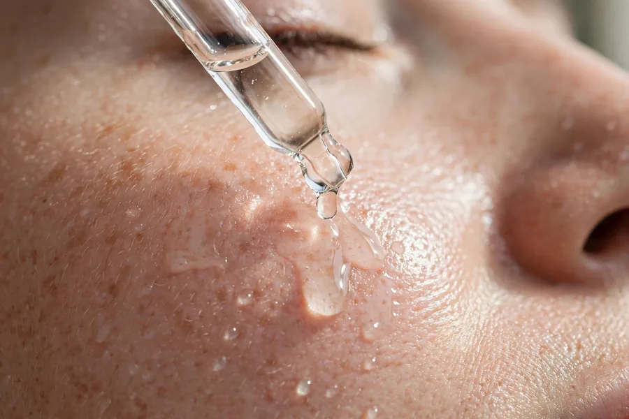 Hyaluronic acid serum applied to damp facial skin