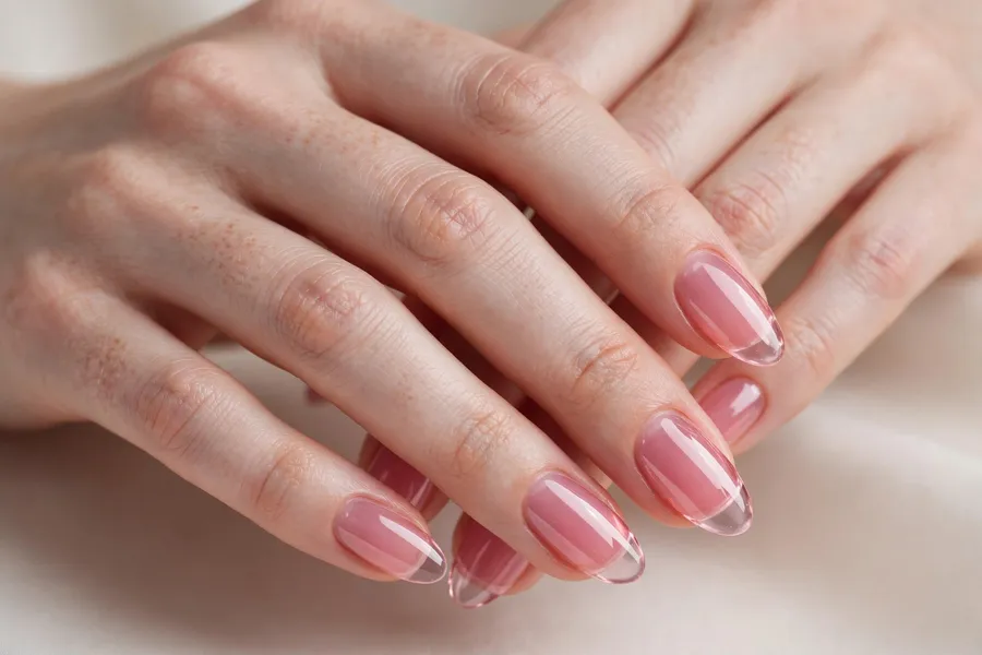 Sheer pink jelly glass tint nails on real hands