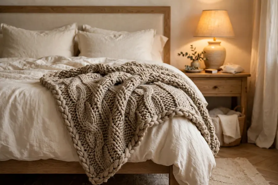 chunky knit throw blanket draped over the foot of a cozy bed
