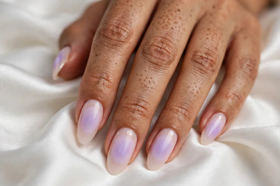 Lavender mist aura nails with soft lilac color field on a milky nude base