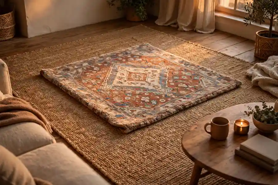layered rugs over a wooden floor in a warm cozy living room